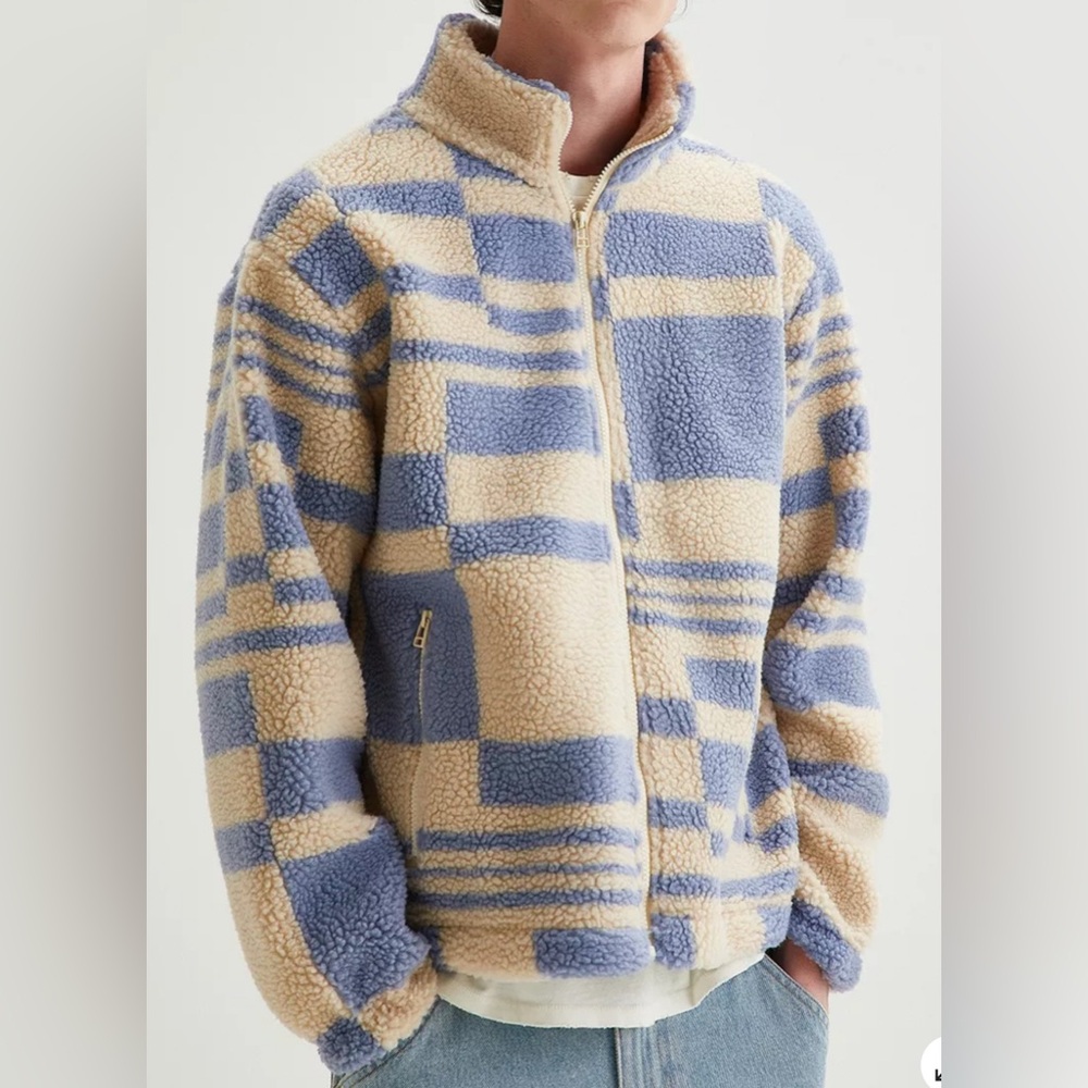 Urban Outfitters Check Sherpa Zip-Up XL • Blue & Ecru • Cozy Teddy Fleece